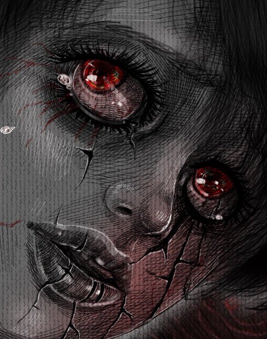 A dark, detailed digital illustration of a haunting face with glowing red eyes and cracked, weathered skin in shades of black, gray, and red.