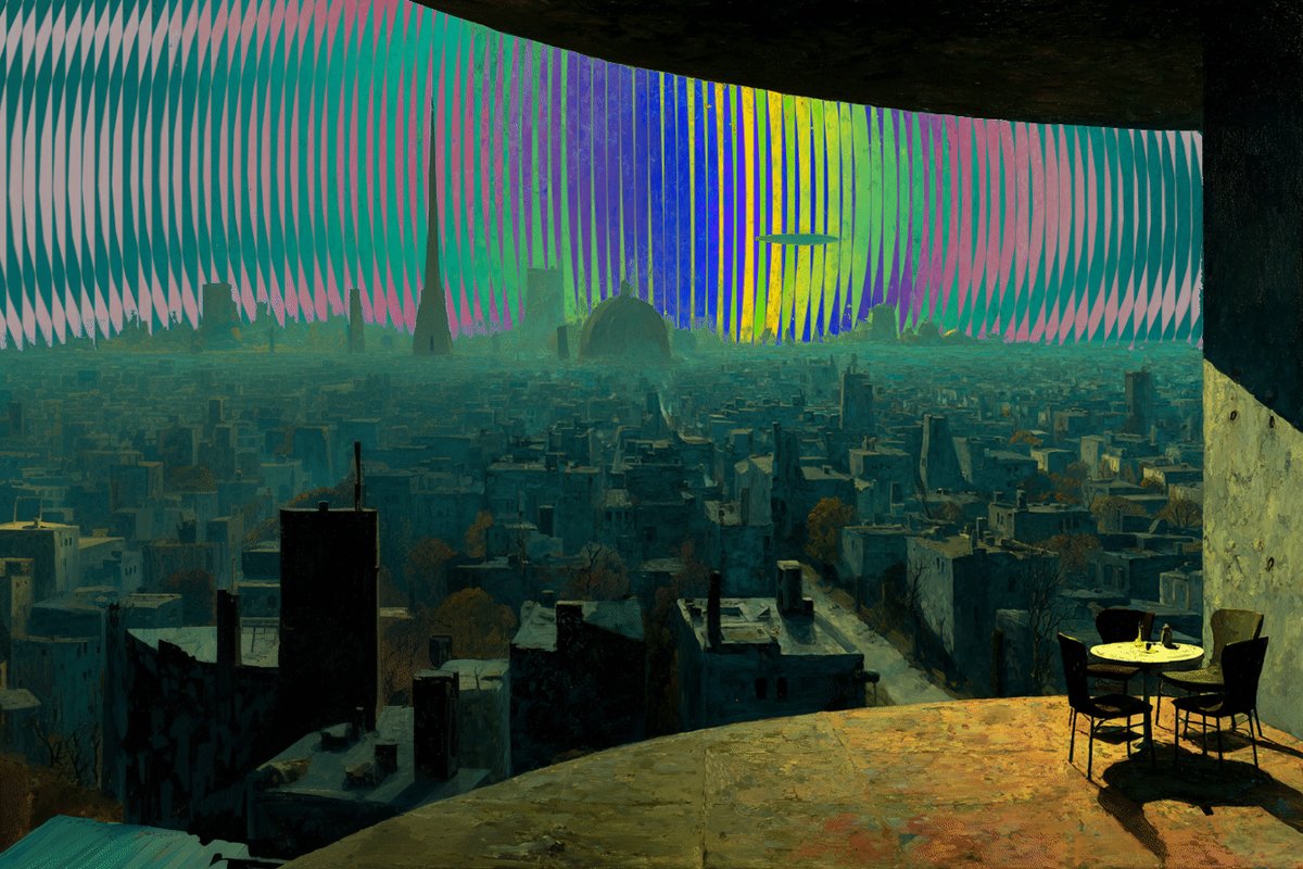 The image features a cityscape with buildings, including one that appears to be made of glass or mirrors, giving an illusion of a larger city. A chair can be seen outside near a table, suggesting a patio area within the scene. The sky above is filled with colorful lines and patterns, creating a vibrant atmosphere. In the background, there are several other buildings visible, contributing to the overall urban setting. The post includes text that reads "here is an art" and "a tenuous grasp on reality 1/1". This implies that the image may be a work of art or a creative representation rather than a real-life scene.
