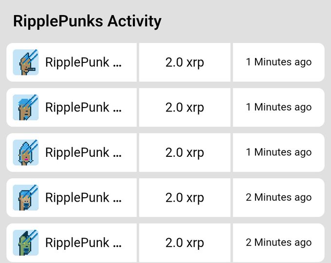 A screenshot of RipplePunks Activity showing multiple entries of RipplePunk... earning 2.0 XRP each within the last 1-2 minutes.