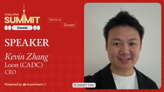 A Solana Summit Canada speaker card featuring Kevin Zhang, CEO of Loon (CADC), with the event dates Sept 23-24 in Toronto.