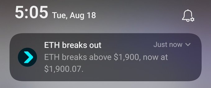 Smartphone notification screenshot from August 18 at 5:05 stating "ETH breaks out" with the message "ETH breaks above $1,900, now at $1,900.07."