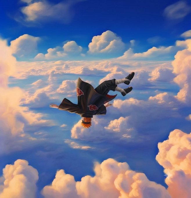An anime-style illustration of a spiky-haired character in a red and black Akatsuki-style cloak free-falling or diving through fluffy white clouds in a bright blue sky.