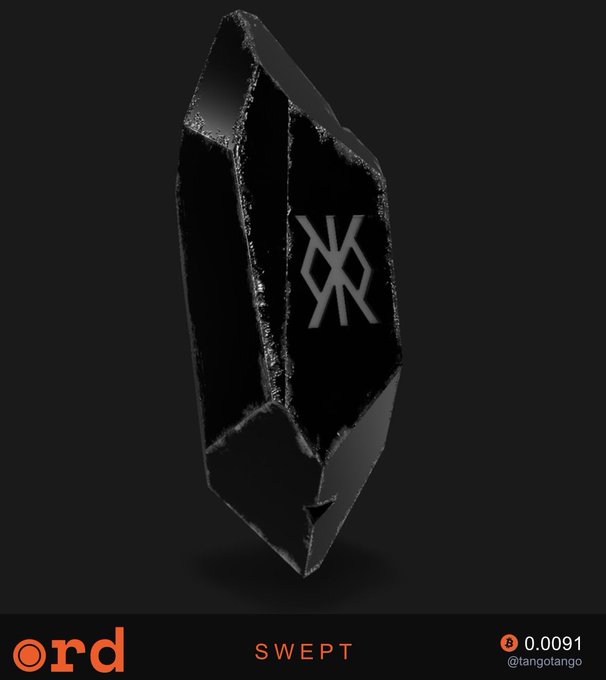A dark, hexagonal crystal-like object with a stylized 'X' logo and the text 'SWEPT' priced at 0.0091 BTC, listed on the Ordinals marketplace by @tangotango.