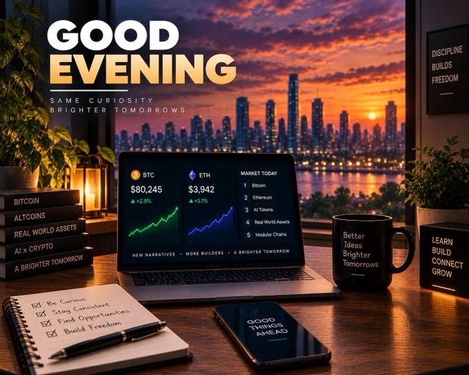An inspirational 'GOOD EVENING' digital poster featuring a workspace with a laptop displaying BTC and ETH charts, books labeled 'BITCOIN' and 'REAL WORLD ASSETS', and motivational text like 'DISCIPLINE BUILDS FREEDOM'.