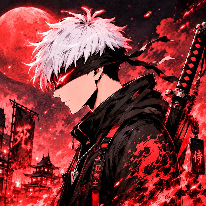 An anime-style illustration of a silver-haired male character with a black headband, wearing a dark jacket with red accents, carrying a katana on his back against a dramatic red moon backdrop with Japanese text including '狂戦士' (Berserker).