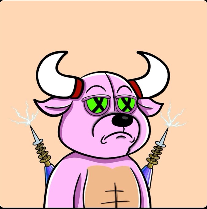 The image features a cartoon bull bear with pink fur, horns, and a red nose, standing against an orange background. The bull bear has two large spikes sticking out from its back and is holding a pair of spikes in each hand. There are also two lightning bolts next to the bull bear on the right side of the image.