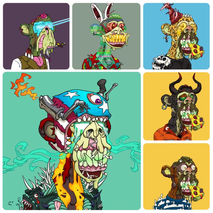 Collage of six cartoon-style zombie animal characters with grotesque features, decaying flesh, and eccentric outfits, including a bear, rabbit, giraffe, monkey, and others with pirate hats and American flag designs.