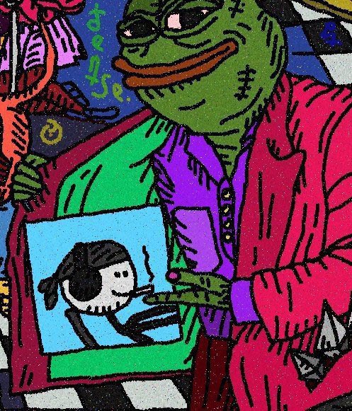 A colorful, psychedelic-style illustration of a green frog character wearing a pink jacket, holding a smaller figure in a frame.