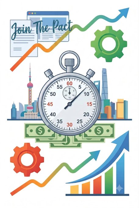 A business-themed collage illustration with 'Join The Pact' text, featuring a stopwatch, dollar bills, gears, upward arrows, and a city skyline in the background.