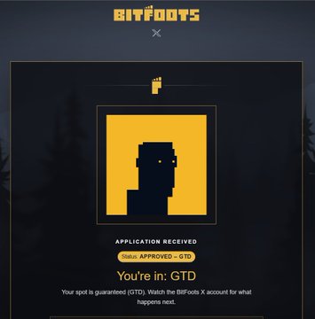 A Bitfoots digital collectible confirmation screen showing a pixel-art character portrait with text 'APPLICATION RECEIVED', 'Status: APPROVED - GTD', and 'You're in: GTD' on a dark blue background.
