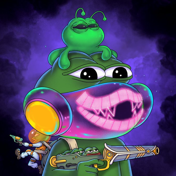 The image features a cartoon character with a green face, wearing a mask that covers their eyes, holding a gun and looking at the camera. The caption reads "Whitelist is now fully updated. @PepeExplorers If you've had: A lost phone ... an account compromise ... a collaboration error".