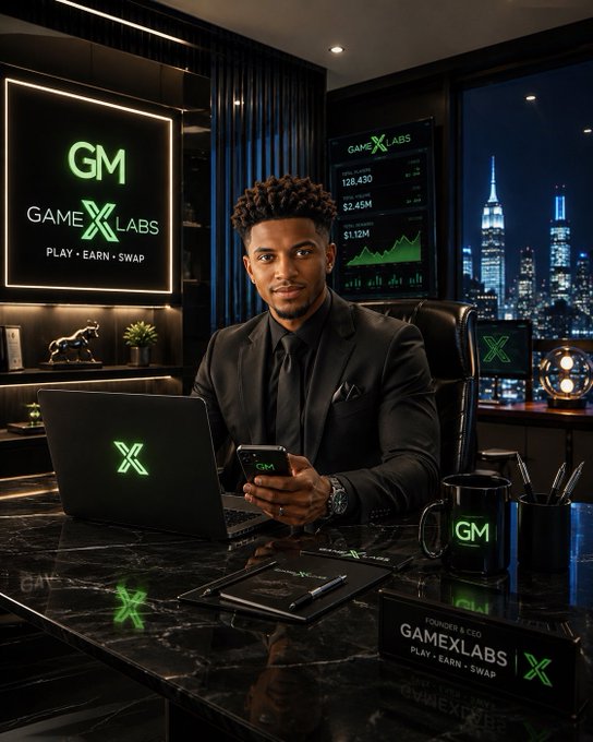The image features a man sitting at a desk with a laptop computer open in front of him. He appears to be wearing a suit and tie, suggesting that he might be dressed for work or a formal event. The setting includes a window behind him, which offers a view of a city skyline, indicating that the office is located in an urban area. 

There are several objects on the desk, such as a cell phone, a cup, and a book. A potted plant can also be seen near the man's workspace. The overall atmosphere seems to be professional yet relaxed, with the man possibly working or attending a meeting while enjoying the city view outside his window.