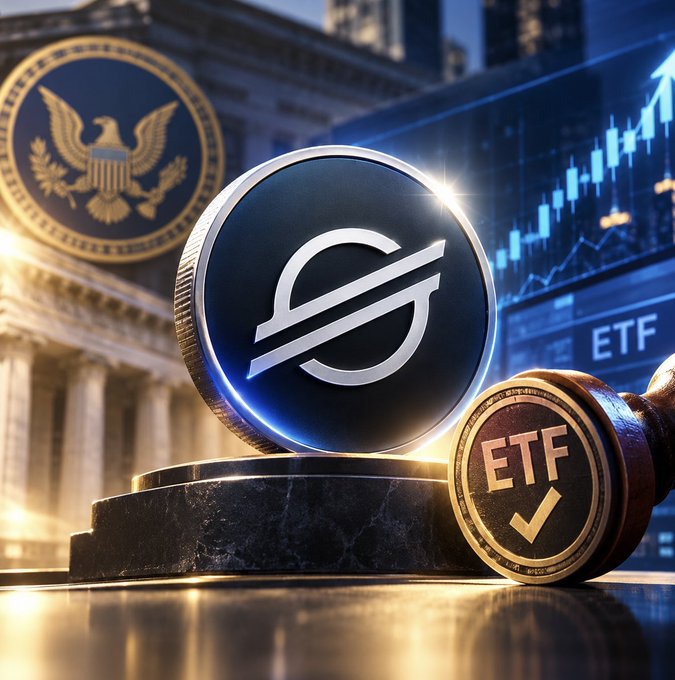 A promotional graphic features a silver Stellar (XLM) coin and a gold 'ETF' coin displayed before the U.S. Treasury building and a stock chart showing an upward trend.