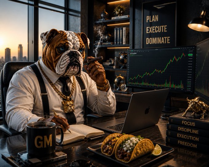 The image features a man dressed as a bulldog sitting at a desk with a laptop computer, eating food such as tacos while smoking a cigarette. The background includes a window overlooking a city skyline, suggesting that they are located in an office or workspace setting. The caption of the image reads "Gm CT Followed by the US-Iran peace resolution, charts are starting to look green again What are we clicking today? Happy Tuesday chads".