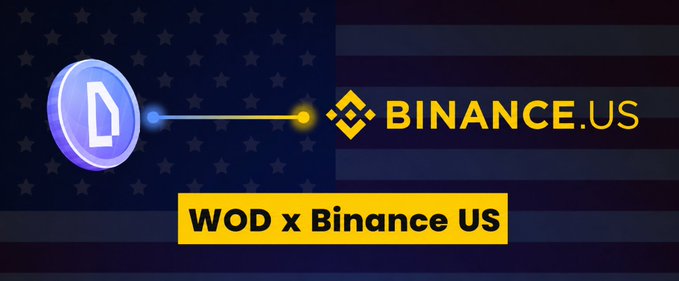 The image features a banner with a blue circle containing a yellow diamond inside of it, along with the text "Binance US" written above it. The background of the image is an American flag. Below this, there's some text that reads "WOD x Binance US". This suggests that the image might be related to a post on social media or a website about Bitcoin and cryptocurrency trading.