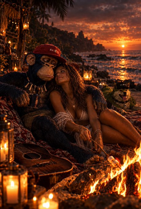 A stylized cinematic scene featuring a chimpanzee wearing a red cap and gold chain sitting with a woman by a campfire at sunset on a tropical beach, with a guitar, candles, and a dog nearby.