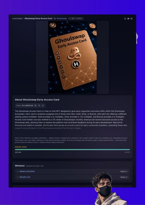 Screenshot of a Ghoulswap Early Access Card NFT minting page showing a bronze collectible card with 232 of 222 minted, featuring a Hedera Ghouls whitelist option.