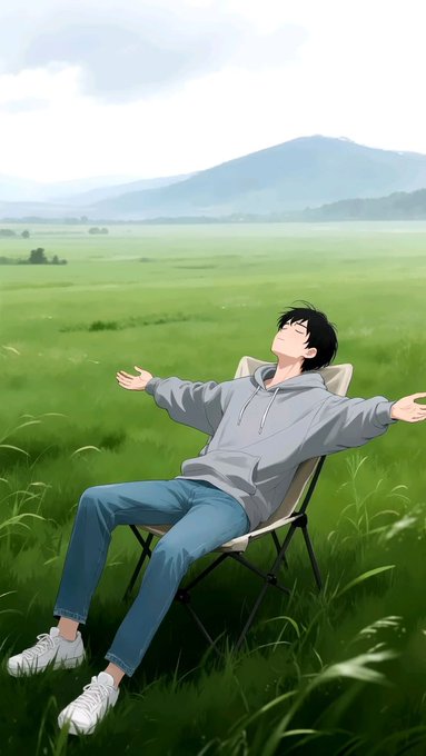 An anime-style illustration of a young man with black hair, wearing a grey hoodie and blue jeans, relaxing with his arms outstretched in a camping chair in a vast green grassy field with mountains in the background.