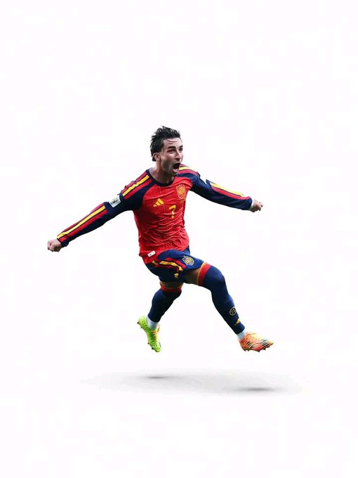 An edited image showing a Spanish national football team player, wearing jersey number 7, jumping in mid-air with arms outstretched against a plain white background.