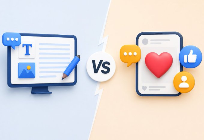 A 3D-style comparison illustration showing a desktop computer with text editing on the left versus a smartphone with social media engagement icons (heart, thumbs up, comments) on the right, separated by 'VS'.