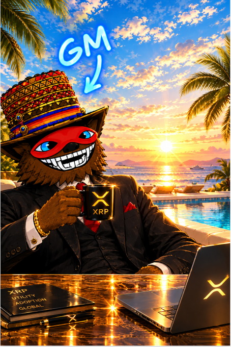 A furry bear character wearing a red mask and ornate hat holds an XRP-branded mug at a poolside sunset, with a laptop and book displaying the XRP logo nearby.