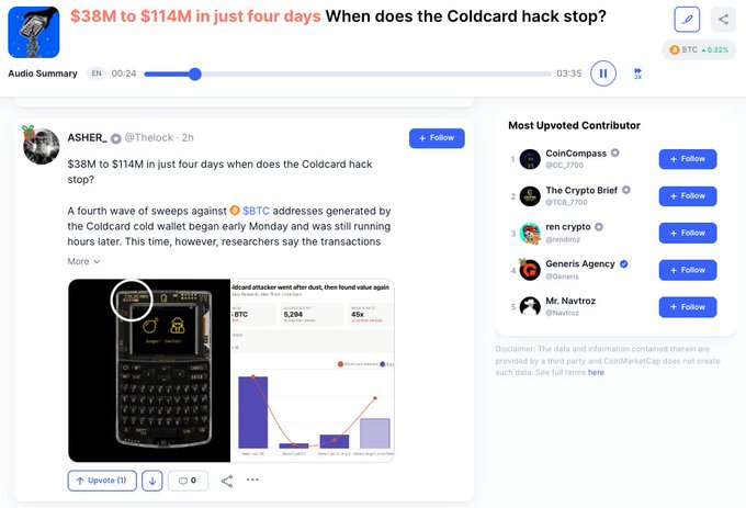A screenshot of a CoinMarketCap community post titled "$38M to $114M in just four days" by @Thelock_ (ASHER_), discussing a fourth wave of attacks on $BTC wallets generated by Coldcard hardware wallets due to a firmware flaw. The post includes an image of the Coldcard device and a chart showing rising attack metrics, relating to the ongoing vulnerability of self-custody wallets.