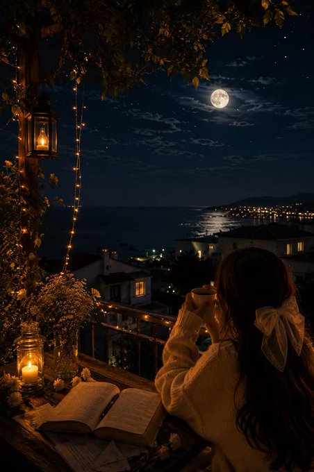 A cozy nighttime scene of a woman with a bow in her hair drinking from a mug on a balcony overlooking a moonlit ocean and coastal town, with candles and string lights.
