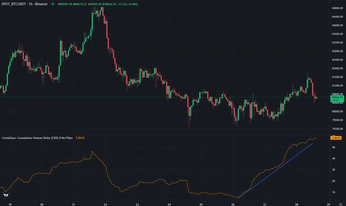 A dark trading chart shows BTCUSDT on Binance with candlesticks, volume and RSI indicators, and a visible price label near $80,900.