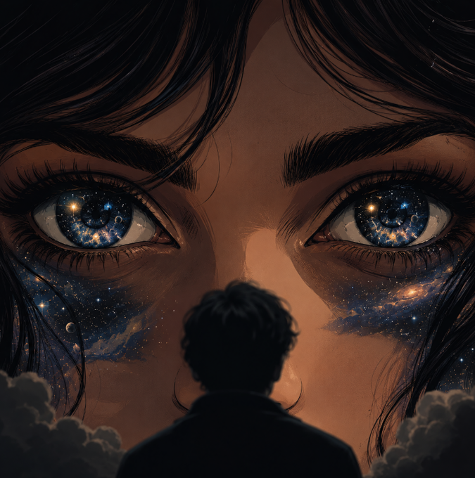 An illustration showing a silhouetted figure gazing up at a giant face whose eyes and tears are filled with a cosmic galaxy scene.