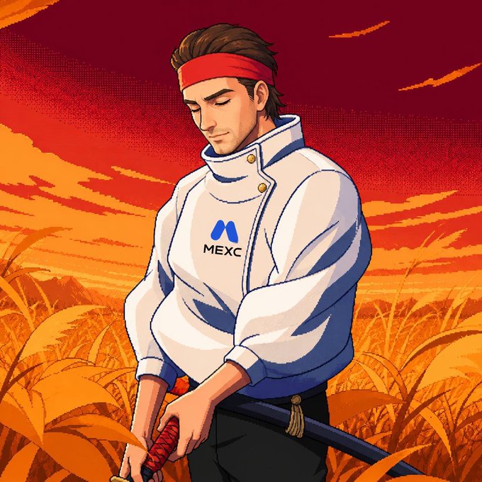 A stoic samurai with a red headband stands in a golden wheat field at sunset, wearing a white jacket featuring the "MEXC" logo and blue "M" symbol, gripping a katana as he gazes downward—evoking the strength and resilience of the MEXC crypto exchange.