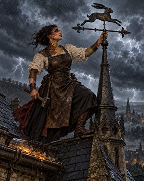 A dramatic fantasy illustration of a woman in leather armor standing atop a stone spire during a lightning storm, wielding a weathervane-shaped weapon.