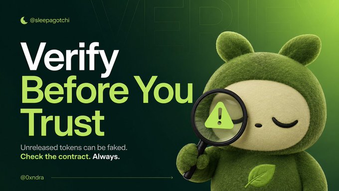 A green mascot character holds a magnifying glass revealing a warning symbol, alongside the text "Verify Before You Trust" and "Unreleased tokens can be faked. Check the contract. Always." The image serves as a cautionary reminder to verify the legitimate @sleepagotchi SLEEP token contract, as the post warns about counterfeit SLEEP tokens appearing with unverified listings and misleading market caps before the official release.