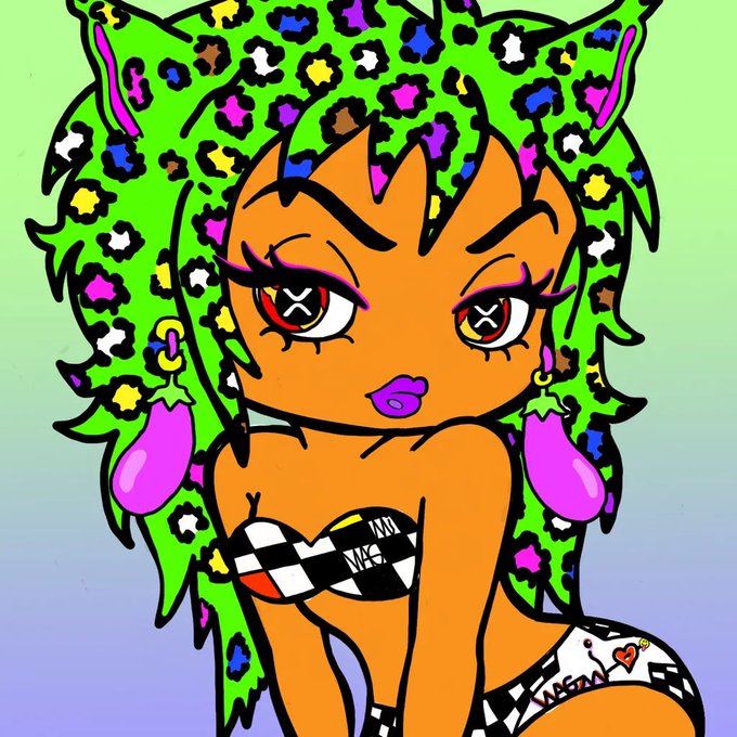 A cartoon-style digital artwork of a stylized female character with green leopard-print hair, X-shaped pupils, and a checkered bikini top.