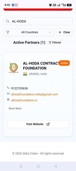 A Screenshot showing a Sidra Clubs interface where "AL-HODA" is searched, displaying **1 Active Partner**—"AL-HODA CONTRACT FOUNDATION" in Araria, India (Active status, phone: 9122703636)—which does not directly address the user's inquiry about when the KYC Documents section will be added to the new Sidra interface or when KYC verification will resume.

This image is unrelated to the post.