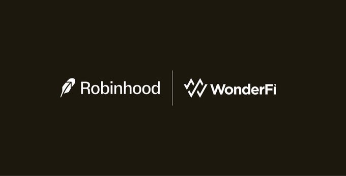 A black and white logo for Robinhood and WonderFi, featuring a bird and the words "Robinhood" and "WonderFi" against a dark gray background.
