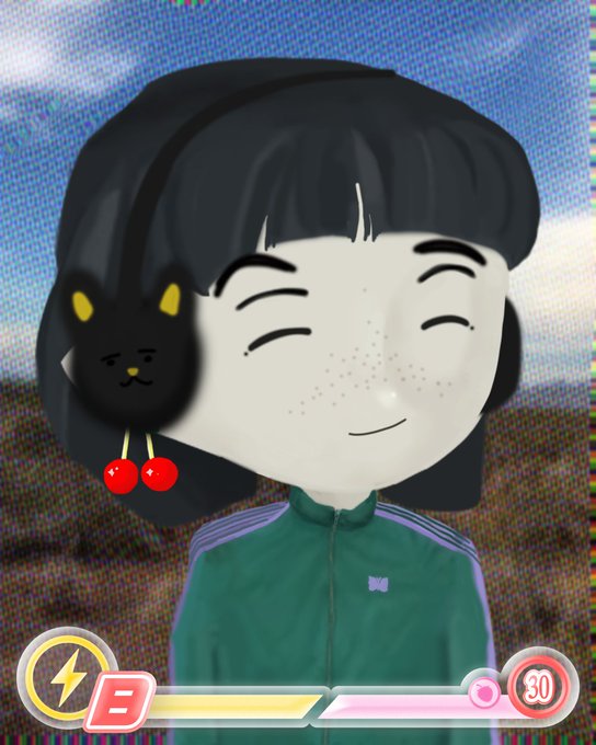 A 3D animated character resembling a Squid Game doll with black hair, closed eyes, and a green tracksuit stands outdoors with a small black cat featuring yellow eyes and cherry-like accessories perched on her head.