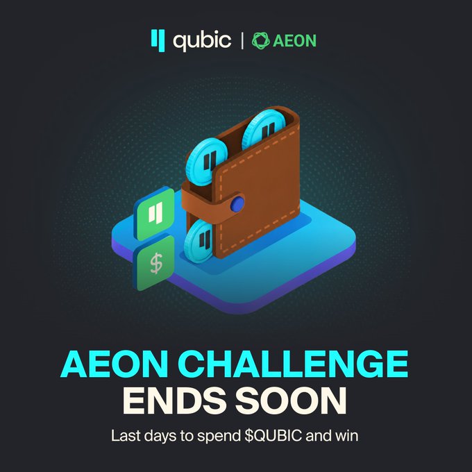 The image is a promotional graphic for the "AEON CHALLENGE ENDS SOON," featuring an isometric illustration of a brown wallet with $QUBIC coins alongside Qubic and AEON logos, urging users to "spend $QUBIC and win" before the September 14 deadline and $500 prize pool closes.