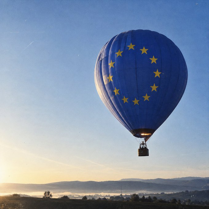 A blue hot air balloon featuring the European Union flag's circle of 12 yellow stars floats against a clear sky, with misty hills and trees visible in the background at sunset.