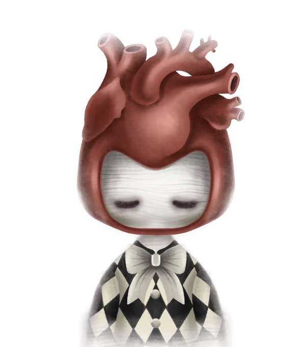 A whimsical doll-like figure with an anatomical heart for a head, closed eyes, and a black and white harlequin-patterned outfit with a bow tie.