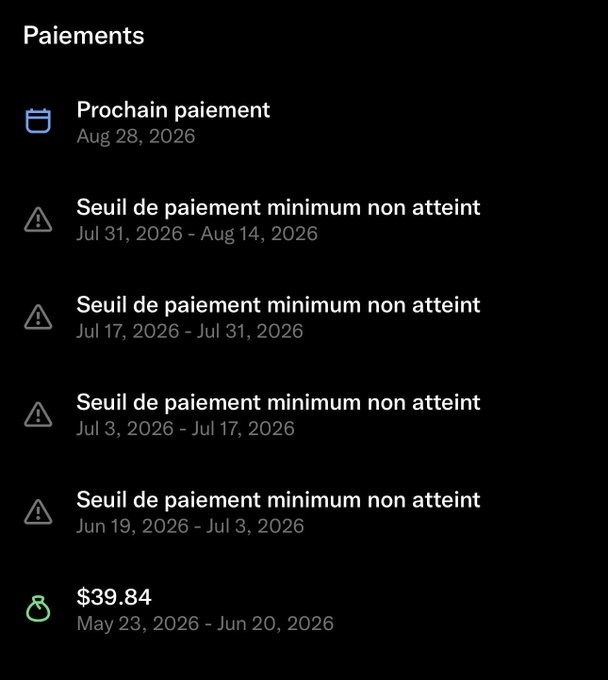 A French-language app payment screen showing a next payment date of Aug 28, 2026, four consecutive 'Seuil de paiement minimum non atteint' (minimum payment threshold not reached) warnings, and a last payout of $39.84 for May 23 - Jun 20, 2026.