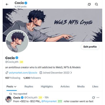 A Twitter/X profile for 'Cocio' (@Cocio.eth) with anime avatar, bio mentioning Web3, NFTs & Models, 1,400 followers, joined December 2022, and Web3 NFTs Crypto cover.