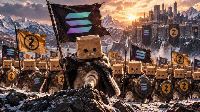 An army of cat warriors with paper bag heads marches toward a snowy castle, waving flags emblazoned with the Solana "SOL" logo and "Z" emblems—visually echoing the $ZCAT meme of trading paper assets for diamond/paper-hand strength.