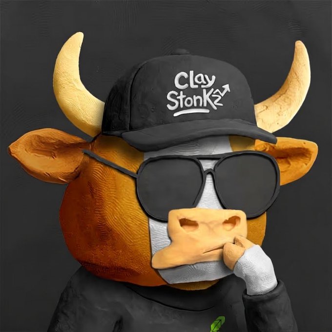 A 3D-rendered bull mascot wears a black cap reading 'Clay Stonks', black sunglasses, and a black shirt, holding a hand to its chin in a thinking pose.