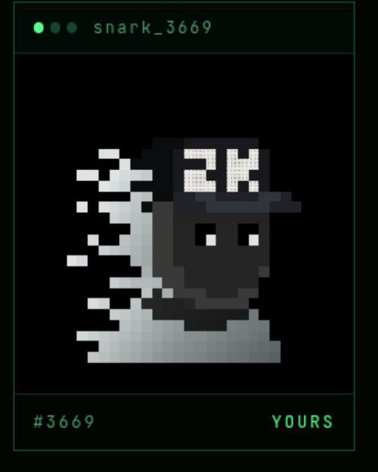 A digital pixel-art profile card displays a stylized character breaking apart, with the username 'snark_3669', the number '#3669', and the word 'YOURS' in a dark theme.