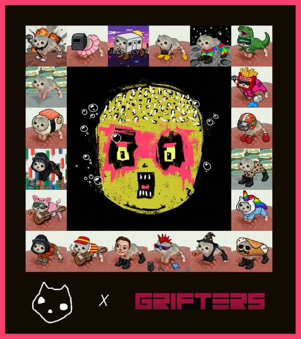 A colorful NFT-style collage featuring various cartoon cat avatars surrounding a central yellow and pink skull-like face, branded with 'GRIFTERS' at the bottom.