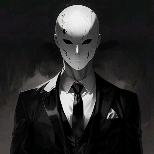 A monochromatic illustration shows a mysterious figure in a black suit and tie wearing a cracked, white mask.