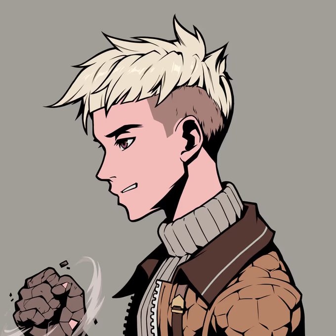 Same side-profile illustration as Image 5, showing the blonde character with a textured rocky arm and clenched fist.