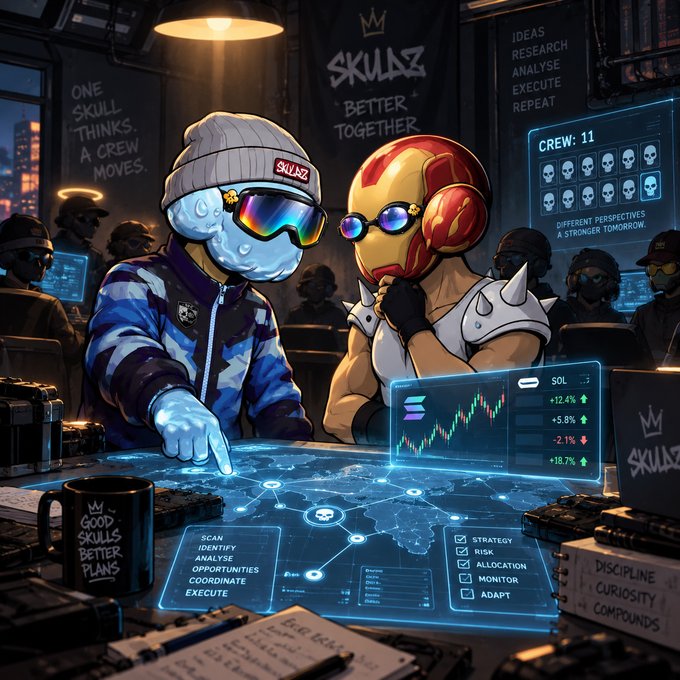 Stylized scene with masked characters analyzing holographic charts and maps, featuring SKULZ branding with text including 'ONE SKULL THINKS. A CREW MOVES,' 'BETTER TOGETHER,' and 'Discipline compounds.'