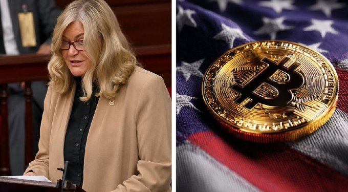 Senator Cynthia Lummis speaks on the Senate floor advocating for the CLARITY Act, alongside an image of a physical Bitcoin resting on an American flag, symbolizing her push for U.S. leadership in digital asset regulation.