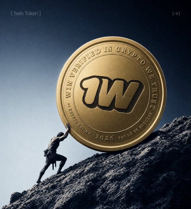 An image of a large golden coin labeled '1WIN' with 'WIN VERIFIED IN CRYPTO WE TRUST' around the edge, being pushed up a rocky hill by a figure reminiscent of the Sisyphus myth.